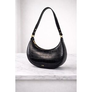JW Pei Black Croc Carly Saddle Bag Embossed Shoulder Bag Crescent Style